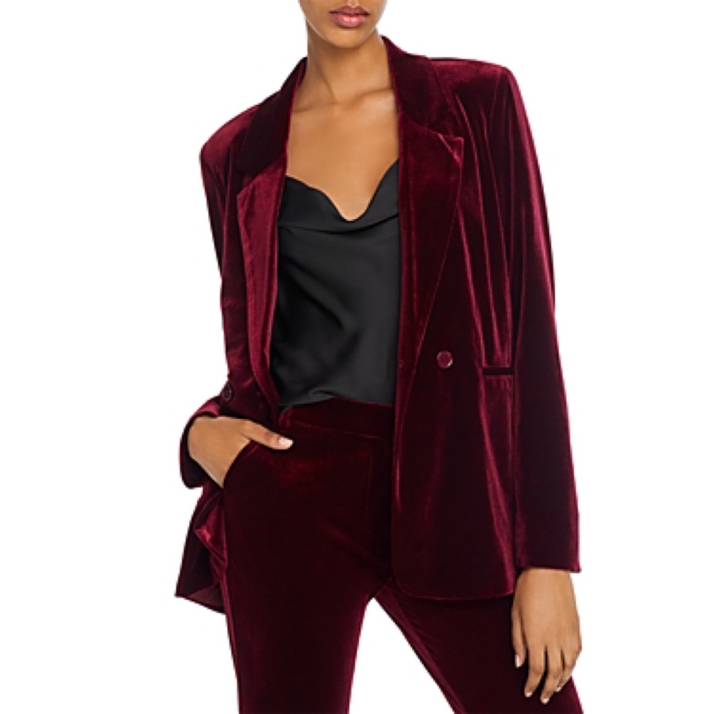 AQUA Velvet Double Breasted Blazer in maroon. Excellent for holiday attire!